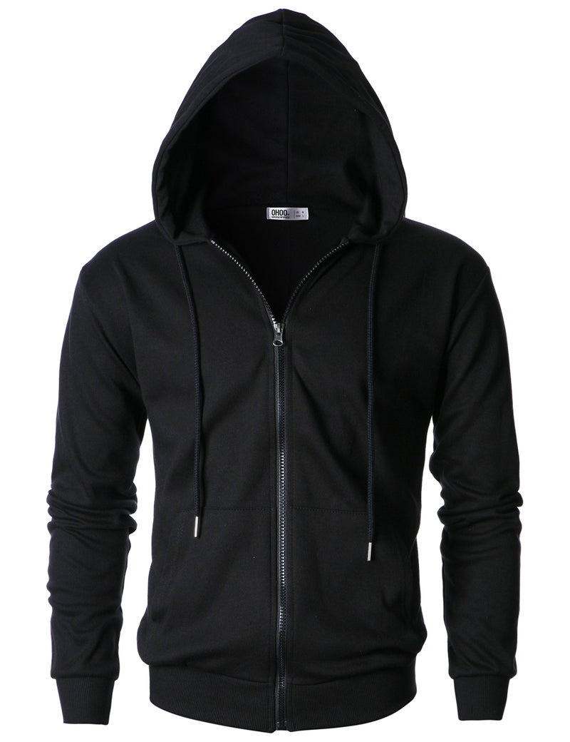 Ohoo Men's Zip Up Hoodie Lightweight Slim Fit Sweatshirt Full Zip Solid Color Hooded Jacket / DCF102-BLACK-XL - Image 2